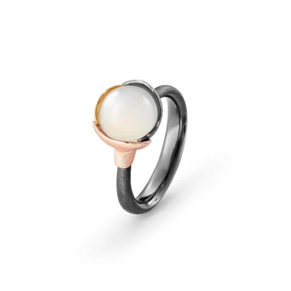 Ring Lotus size 1 - Sterling silver oxidized - leaves 18 karat rose and yellow gold white moon stone cabochon - Bild 2