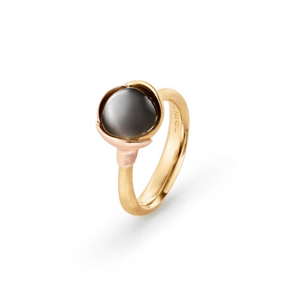 Ring Lotus size 1 - 18 karat yellow gold - leaves rose gold grey moon stone cabochon