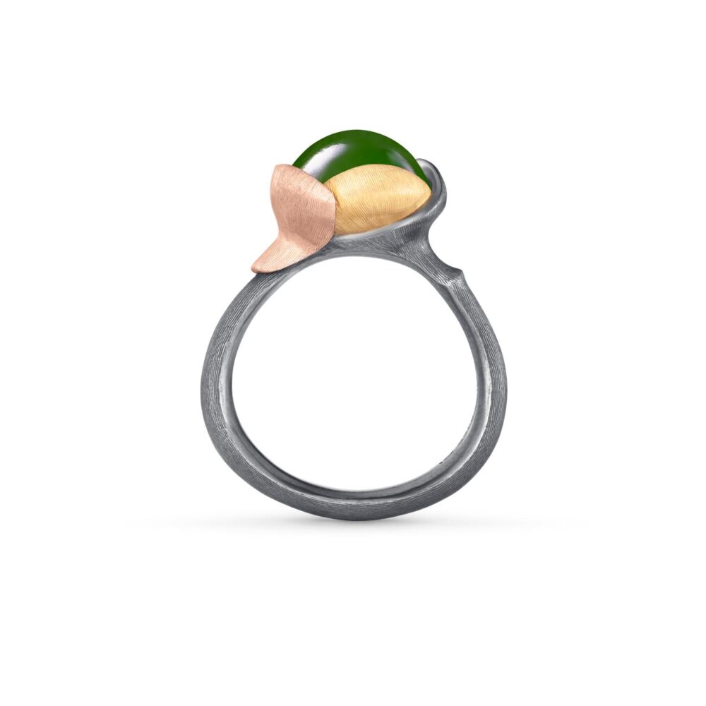 Ring Lotus size 2 - Sterling silver oxidized - leaves 18 karat rose and yellow gold serpentine cabochon