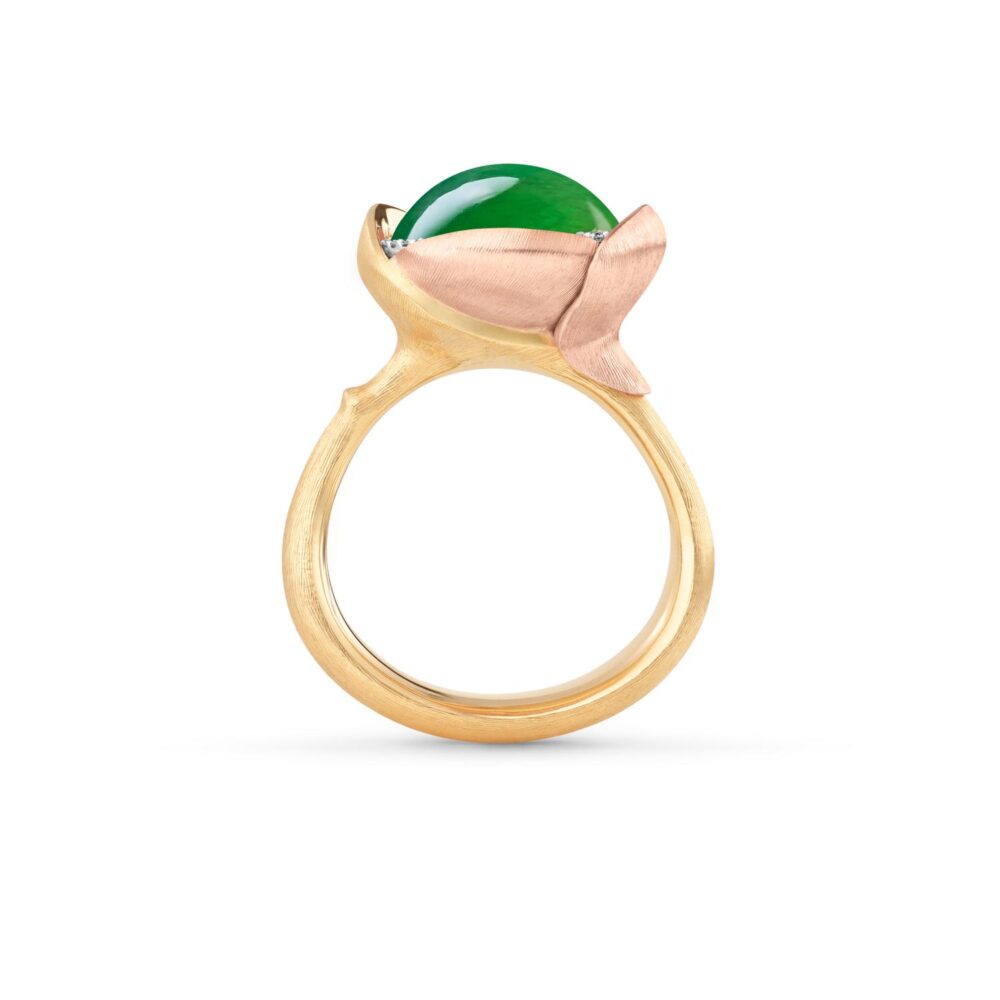 Ring Lotus size 3 - 18 karat yellow gold - leaves rose gold with serpentine cabochon and 13 diam. total - Bild 2