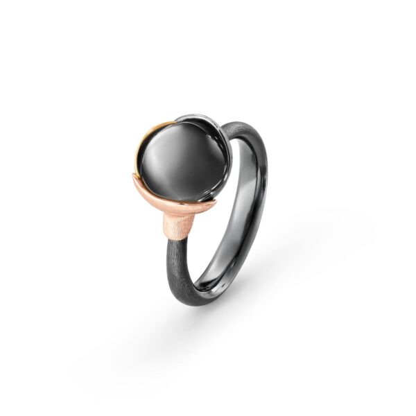 Ring Lotus size 1 - Sterling silver oxidized - leaves 18 karat rose and yellow gold grey moon stone cabochon - Bild 2