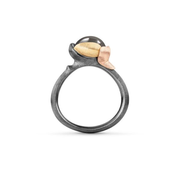Ring Lotus size 1 - Sterling silver oxidized - leaves 18 karat rose and yellow gold grey moon stone cabochon