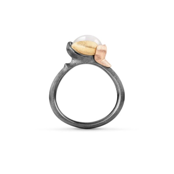 Ring Lotus size 1 - Sterling silver oxidized - leaves 18 karat rose and yellow gold white moon stone cabochon