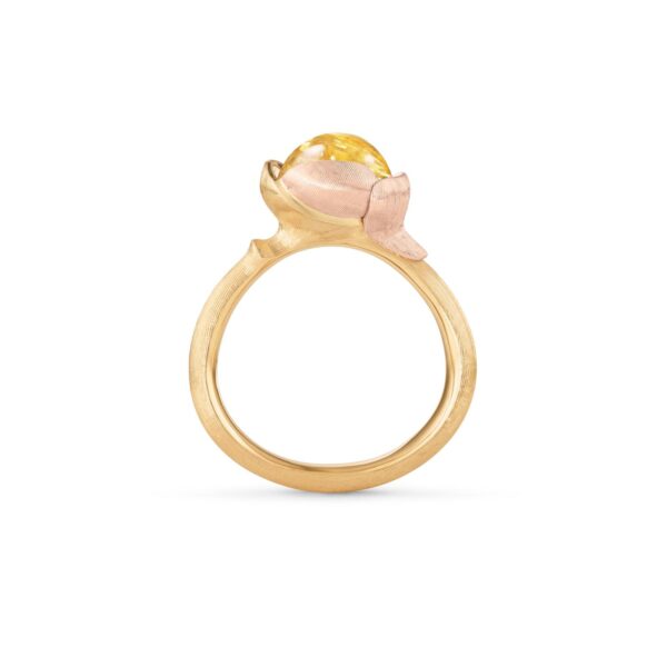 Ring Lotus size 1 - 18 karat yellow gold - leaves rose gold rutile quartz cabochon