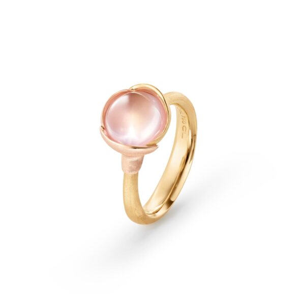 Ring Lotus size 1 - 18 karat yellow gold - leaves rose gold rose quartz cabochon
