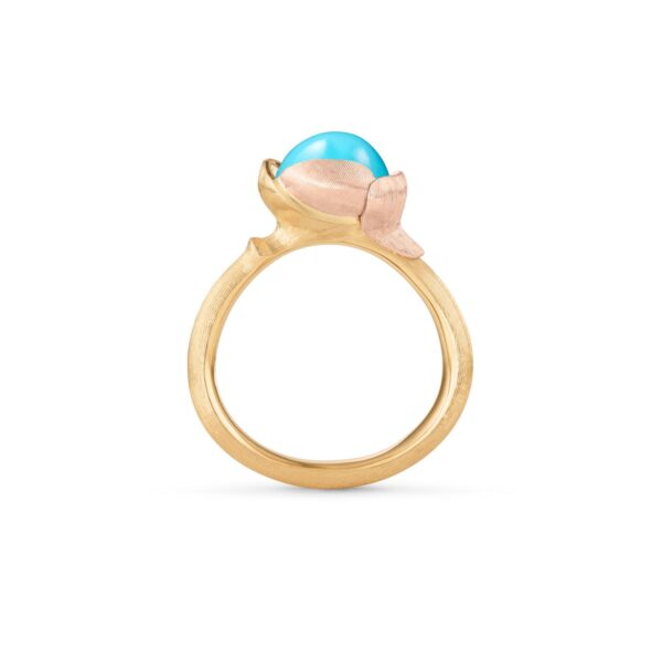 Ring Lotus size 1 - 18 karat yellow gold - leaves rose gold and with turquoise cabochon
