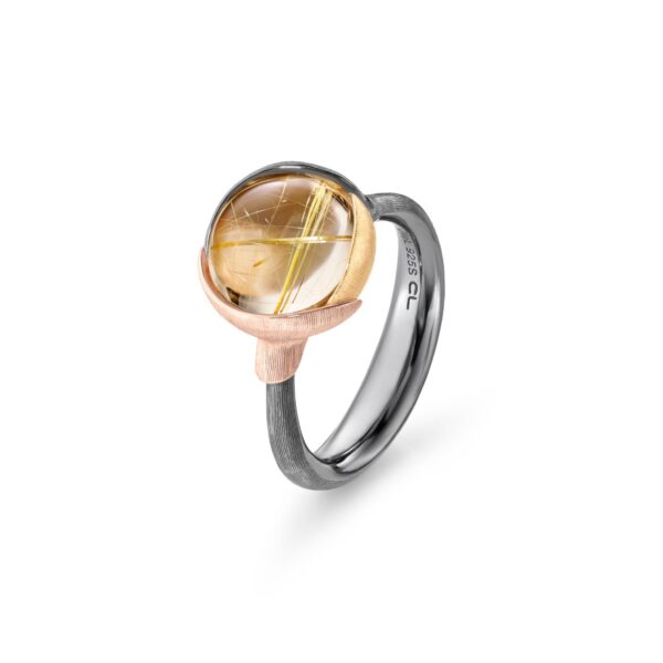 Ring Lotus size 2 - Sterling silver oxidized - leaves 18 karat rose and yellow gold with rutile quartz cabochon