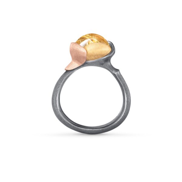 Ring Lotus size 2 - Sterling silver oxidized - leaves 18 karat rose and yellow gold with rutile quartz cabochon - Bild 2