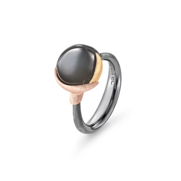 Ring Lotus size 2 - Sterling silver oxidized - leaves 18 karat rose and yellow gold grey moon stone cabochon - Bild 2