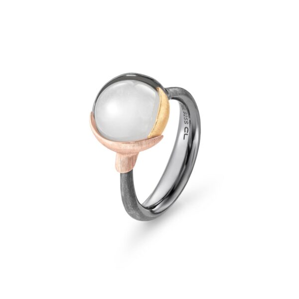 Ring Lotus size 2 - Sterling silver oxidized - leaves 18 karat rose and yellow gold white moon stone cabochon - Bild 2