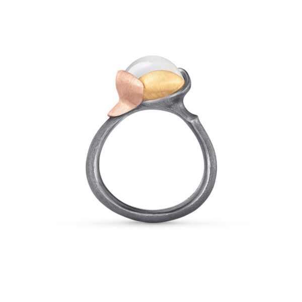 Ring Lotus size 2 - Sterling silver oxidized - leaves 18 karat rose and yellow gold white moon stone cabochon
