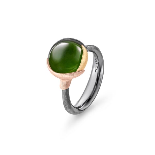 Ring Lotus size 2 - Sterling silver oxidized - leaves 18 karat rose and yellow gold serpentine cabochon - Bild 2