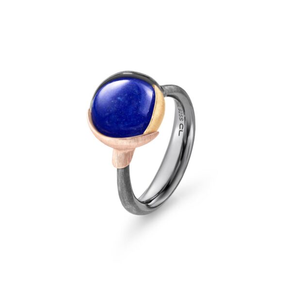 Ring Lotus size 2 - Sterling silver oxidized - leaves 18 karat rose and yellow gold lapis lazuli cabochon - Bild 2
