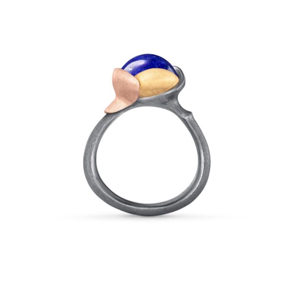 Ring Lotus size 2 - Sterling silver oxidized - leaves 18 karat rose and yellow gold lapis lazuli cabochon