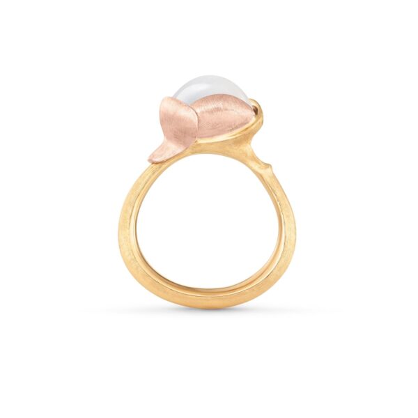 Ring Lotus size 2 - 18 karat yellow gold - leaves rose gold white moon stone cabochon