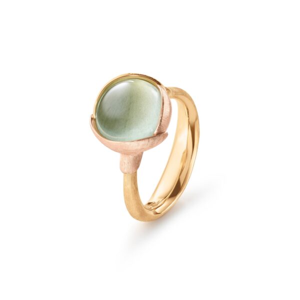 Ring Lotus size 2 - 18 karat yellow gold - leaves rose gold aquamarine cabochon