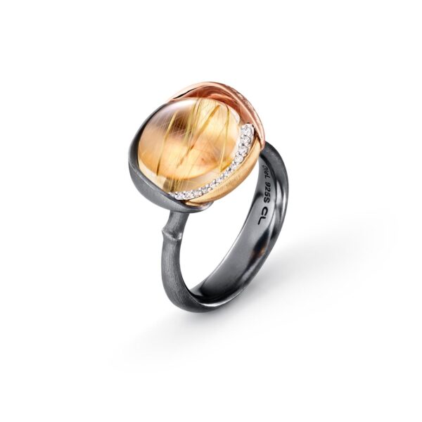 Ring Lotus size 3 - Sterling silver oxidized - leaves 18 karat rose and yellow gold with rutile quartz cabochon and 13 diam. total 0,05 ct. TW.VS - Bild 2