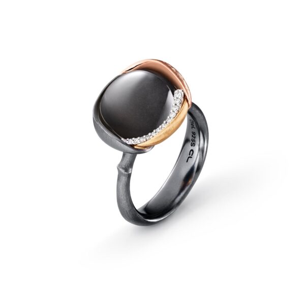 Ring Lotus size 3 - Sterling silver oxidized - leaves 18 karat rose and yellow gold grey moon stone cabochon 13 diam. total 0,05 ct. TW.VS.