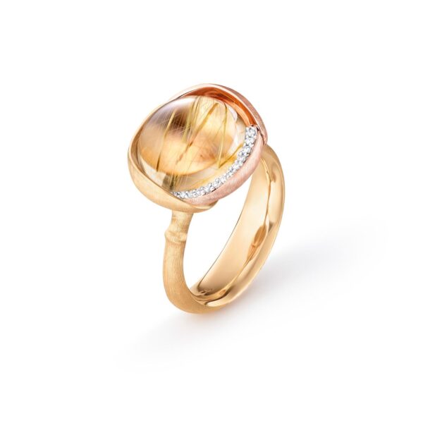 Ring Lotus str. 3 - 18 karat rødguld - blade rosaguld rutilkvarts cabochon 13 brill. i alt 0,05 ct. TW.VS.