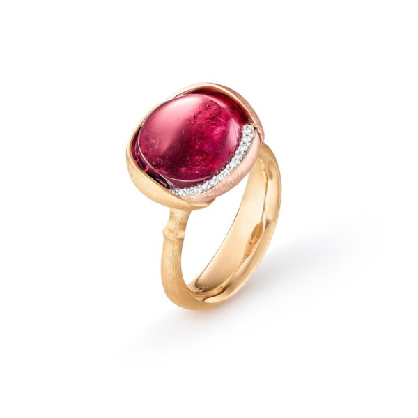 Ring Lotus size 3 - 18 karat yellow gold - leaves rose gold with cerise tourmaline cabochon and 13 diam. total 0,05 ct. TW.VS.