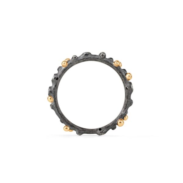 Nature ring Sterling silver oxidized and 18 karat yellow gold 5 diamonds. total 0,04 ct. TW.VS.