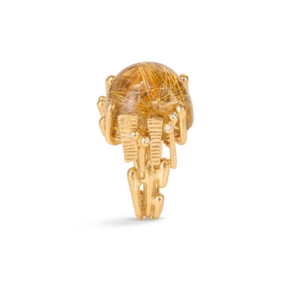 BoHo Ring 18 karat yellow gold with rutile 18x18 mm 8 diam. total 0,06ct. TW.VS