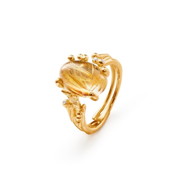 BoHo Ring 18 karat yellow gold with rutile 9x13 mm and 3 diam. total 0,02ct. TW.VS