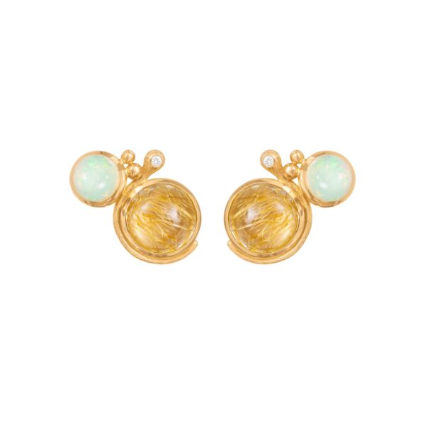 Lotus Earrings 18 karat yellow gold with opal 6 mm and rutile 9 mm and 2 diam. total 0,02ct. TW.VS 2 eyes for pendants (Pair)