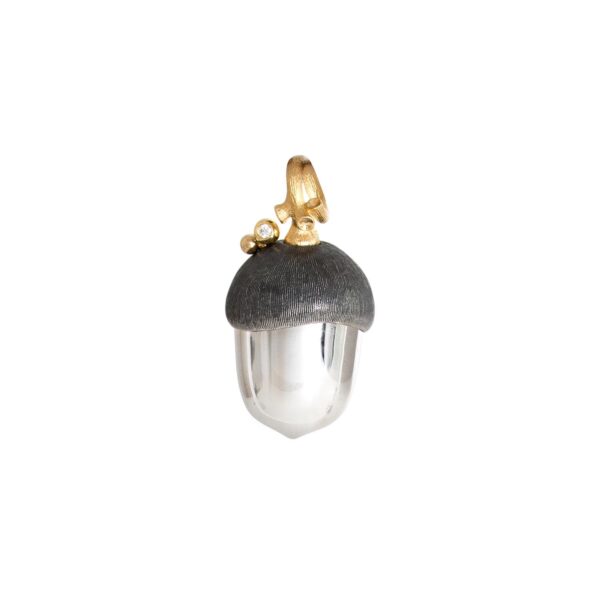 Pendant large acorn Forest sterling silver oxidized and 18 karat yellow gold, 1 bril. TW.VS 0,01 ct. Polished