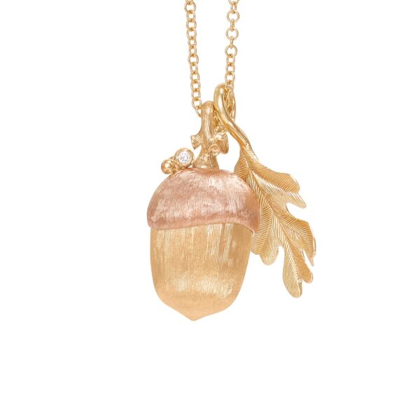Pendant large acorn Forest 18 karat yellow and rose gold, 1 bril.  TW.VS 0,01 ct.