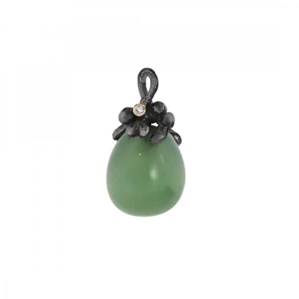 Pendant Filigree Sweet Drops serpentine cabochon Sterling silver and 18 karat yellow gold 1 diamond TW.VS totally 0.01 ct.