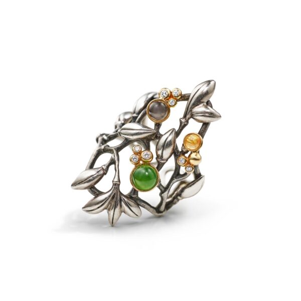 Ring Forest large in sterling silver and 18 carat yellow gold mountings with serpentine, grey moon stone and rutile quarts with 8 diamonds totally 0.08 ct TW.VS