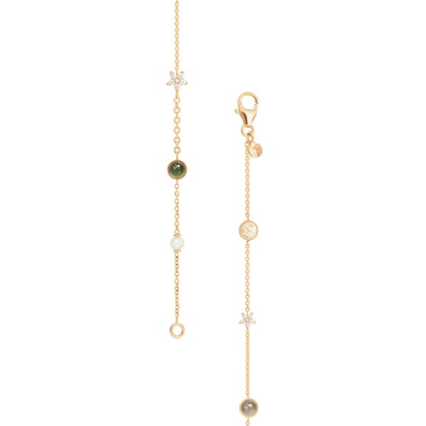 Bracelet Shooting Stars 18 Karat yellow gold, anchor chain 30/40, mix of stones in freshwater pearl, serpentine, grey moonstone and rutile, 2 stars, 12 diamonds totally 0.10ct TW.VS (16-19 cm) carabine